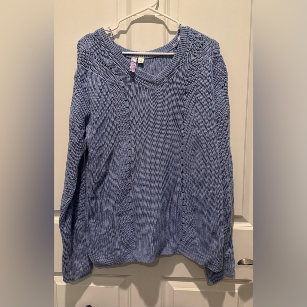 Alya Periwinkle V-Neck Pointelle Knit Sweater